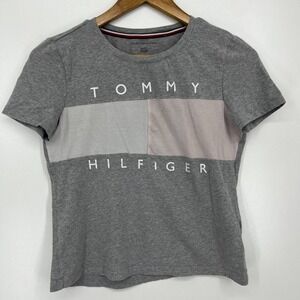 Tommy Hilfiger T-Shirt Women's XS Gray Logo Spellout Crew Neck Short Sleeve